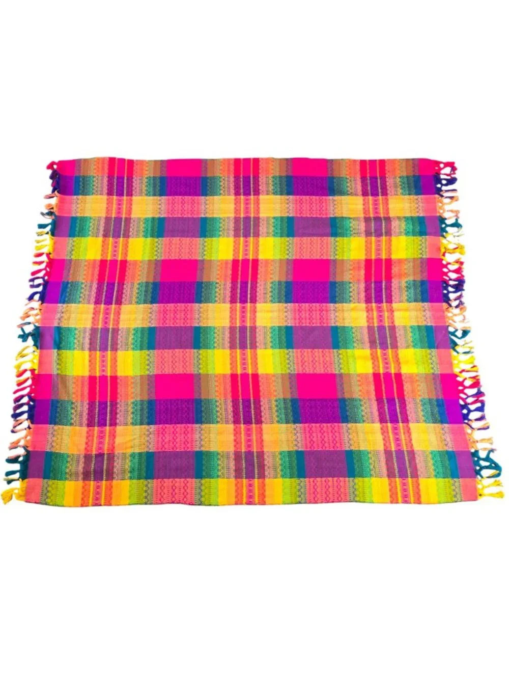 Vtg Rainbow Handwoven Plaid Throw Blanket Fringe Vibrant Multicolor Stripe 65x58